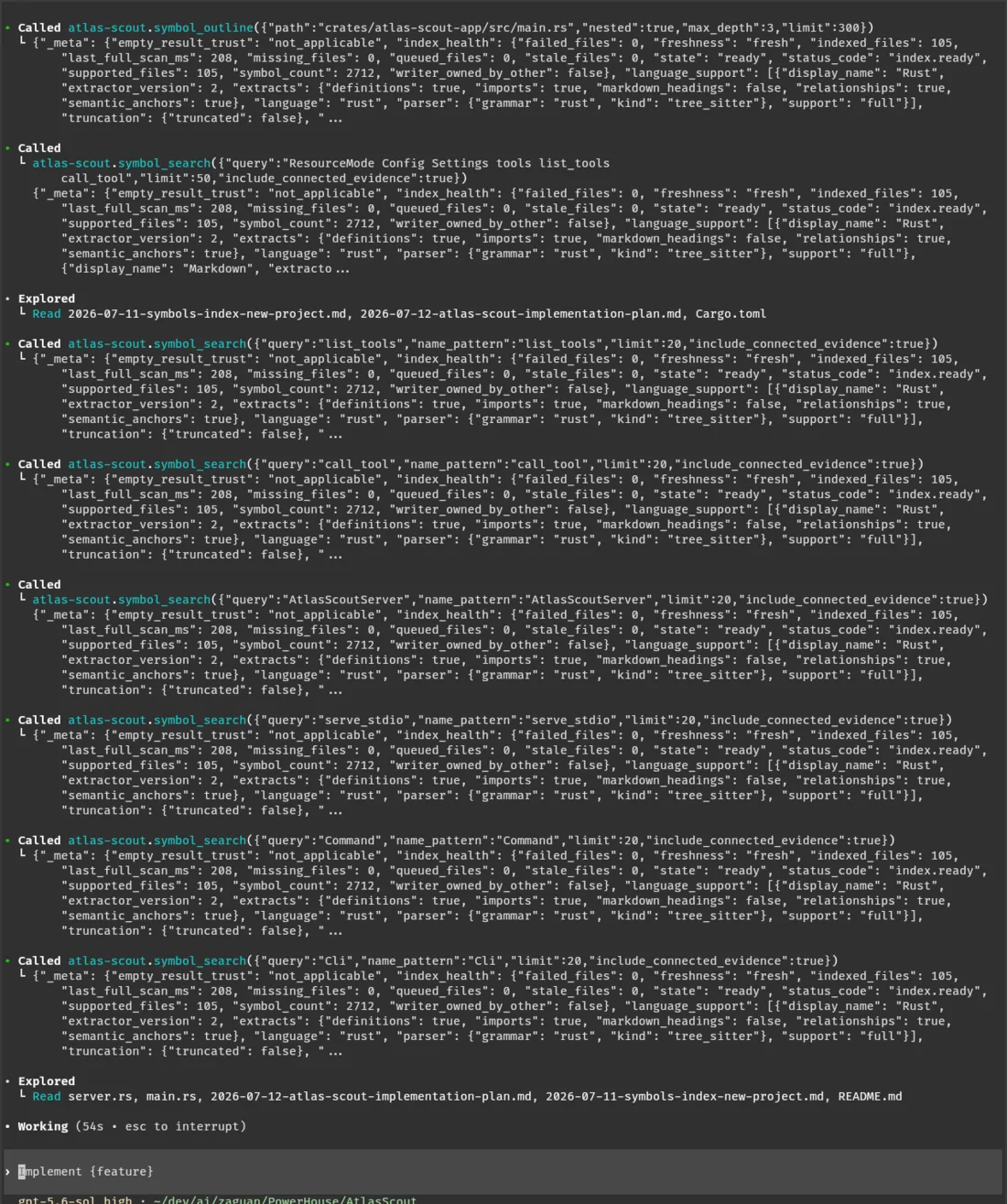 Codex terminal session calling Atlas Scout symbol_outline and symbol_search tools, each response showing index-health and freshness metadata